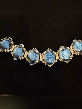 Vintage 1970s Silver Tone,Chunky,Agate Striped Effect,Blue,Art Glass bracelet